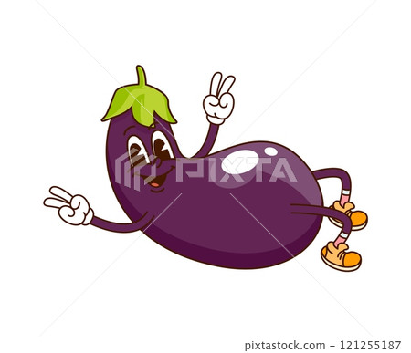 Cartoon groovy eggplant vegetable character pumping press on fitness sport. Isolated vector funny veggie sportsman, retro healthy food farm personage engaged in healthy lifestyle and workout exercises Cartoon groovy eggplant vegetable character pumping press on fitness sport. Isolated vector funny veggie sportsman, retro healthy food farm personage engaged in healthy lifestyle and workout exercises 121255187