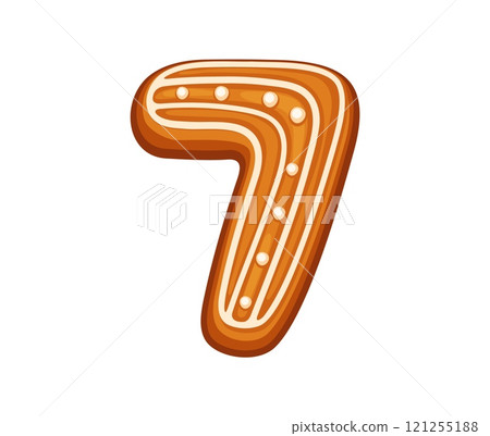 Christmas gingerbread math number seven decorated with white icing. Cartoon vector mathematics numeral symbol 7, xmas font or typeface, new year type, pastry festive holiday typography for kids 121255188