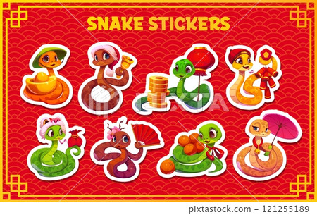 Cartoon 2025 snake characters stickers pack for Chinese Lunar New Year, vector set. Funny snakes in Chinese costumes with petards or firecrackers, tangerines and gold coins for 2025 Lunar New Year 121255189