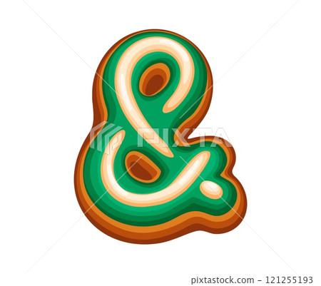 Christmas gingerbread ampersand symbol covered in green and white icing. Cartoon vector font sign, xmas typeface glyph, new year type, pastry alphabet punctuation as sweet holiday cookie with frosting 121255193