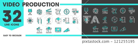 Movie and video production line icons of cinema entertainment media, vector pictograms. Cinematography television and video production icons of film camera, director chair and clapperboard or TV award 121255195