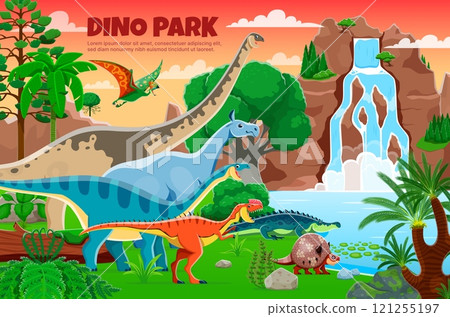 Dino park banner with prehistoric dinosaurs and reptiles near waterfall cascade. Vector vibrant cover template for Jurassic era adventure park with dino animals, green trees and a dramatic sunset sky Dino park banner with prehistoric dinosaurs and reptiles near waterfall cascade. Vector vibrant cover template for Jurassic era adventure park with dino animals, green trees and a dramatic sunset sky 121255197