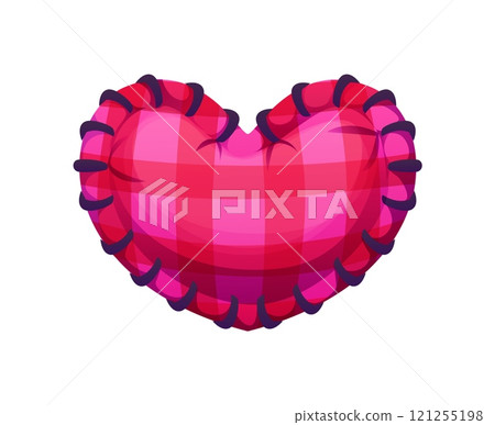 Cartoon valentine day holiday heart made of pink checkered fabric with stitches, symbolizing love and romance. Isolated vector soft diy handmade heart, playful gift or souvenir for romantic holiday 121255198