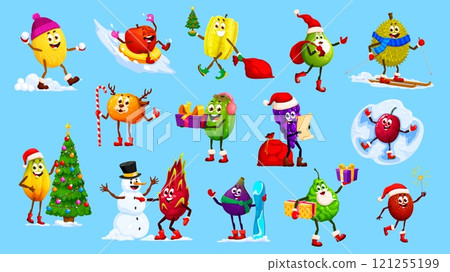 Christmas and New Year winter tropical fruit characters engaging in joyful Xmas celebration and fun outdoor activities. Cartoon vector grape, melon, mandarin, papaya or carambola exudes holiday spirit 121255199