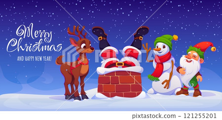 Santa Claus stuck in a Christmas chimney, surrounded by a cheerful reindeer, playful snowman and festive elf friends. Cartoon vector greeting card exudes Xmas spirit, magic, holiday fun and humor 121255201