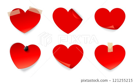 Valentine day love heart stickers. Vector red holiday heart shaped paper sticky notes with curled edges, glued with tape and pinned with a pin evoke romantic feelings of love, affection and emotions 121255215