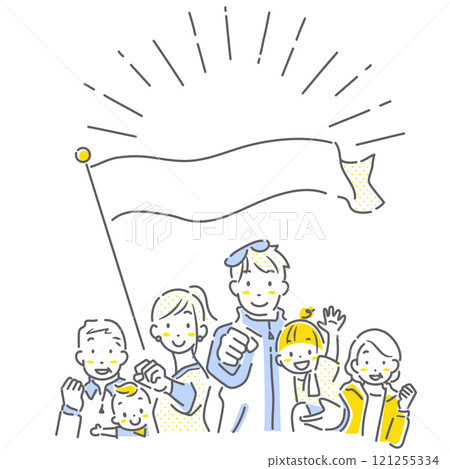 A three-generation family who exercises and stays healthy - simple and stylish line drawing illustration 121255334