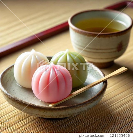 A set of three-color dumplings, a red tray, and kaiseki 121255466