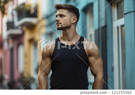 AI-generated item. Man in black tanktop standing on a city street. Mock-up. 121255562