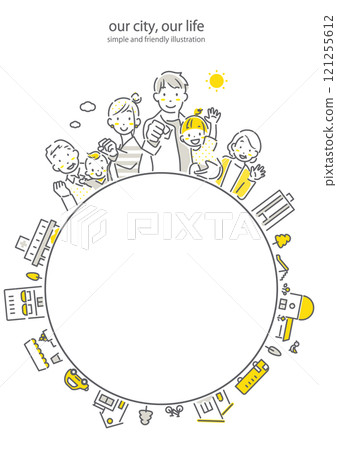 Three-generation family and city round frame Simple and stylish line drawing illustration 121255612
