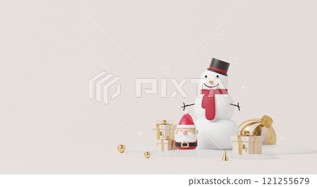 3D render, Happy new year and Cheerful Christmas scene with snowman, Santa, and gifts on light beige background 121255679