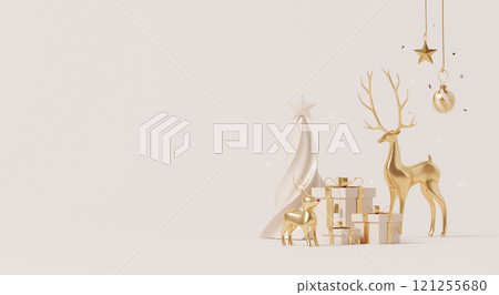 3D render, Happy new year and Christmas scene decorations with golden reindeer, tree, gifts, and ornaments on soft beige background. 121255680