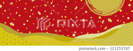 Japanese-style banner background with gold leaf and Japanese patterns / horizontal, gold and red background Japanese-style banner background with gold leaf and Japanese patterns / horizontal, gold and red background 121255787