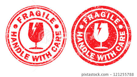 Fragile round circle stamp sticker icon symbol. Handle with care logo sign. Keep dry, This way up. Vector illustration image. Isolated on white background. Fragile round circle stamp sticker icon symbol. Handle with care logo sign. Keep dry, This way up. Vector illustration image. Isolated on white background. 121255788