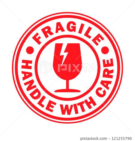 Fragile round circle stamp sticker icon symbol. Handle with care logo sign. Keep dry, This way up. Vector illustration image. Isolated on white background. 121255790