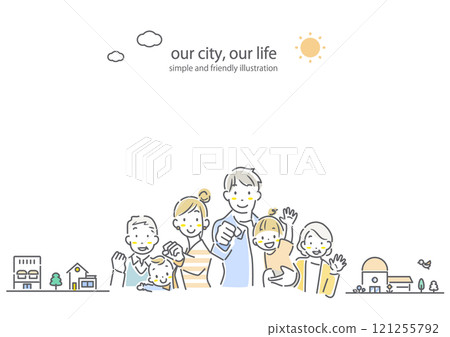微笑的三代家庭的框架-簡單時尚的線條畫插圖 121255792