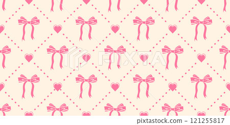 Ribbon bow cute pattern. Vintage vector seamless background with hear ties and pink hearts for holiday and party decoration. Girly satin accessories on pastel backdrop. 121255817