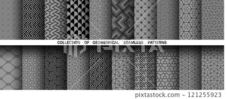 Geometric set of seamless black and gray patterns. Simple vector graphics 121255923