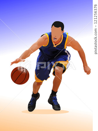 Basketball player wearing a blue and yellow uniform is dribbling and running on the court 121256376