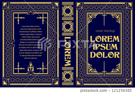 Book cover design featuring a blue background, gold ornaments and an ancient warrior 121256385