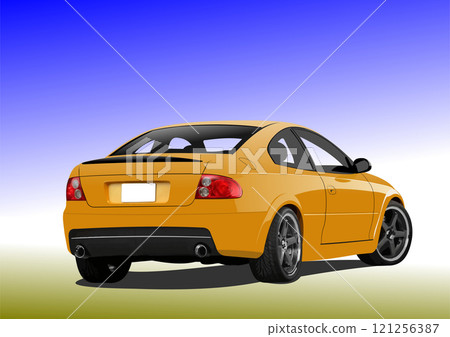 Yellow sports car parked on a sunny day with a blue sky 121256387