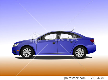 Blue modern sedan car parked on gradient background 121256388