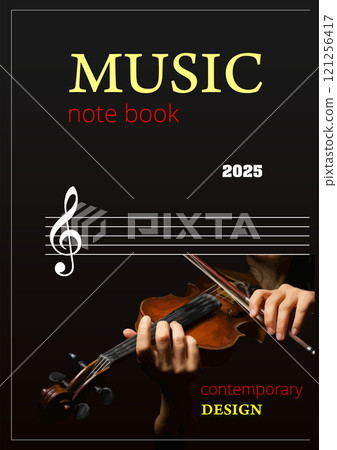 Close-up of hands playing violin with music note background for music notebook cover design 121256417
