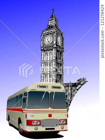 Illustration featuring a vintage bus driving through london with big ben and the houses of parliament in the background 121256424