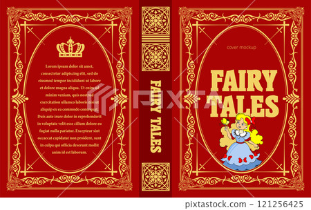 Red and gold fairy tales book cover featuring princess holding magic wand 121256425