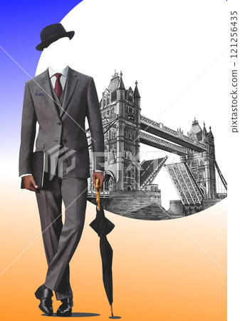Businessman holding a briefcase and an umbrella walking with tower bridge in the background Businessman holding a briefcase and an umbrella walking with tower bridge in the background 121256435