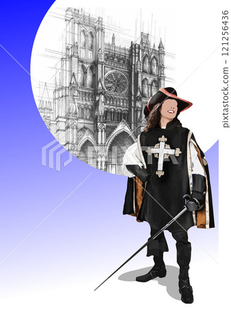 Musketeer is standing with a sword in his hand, a drawing of a cathedral is behind him 121256436