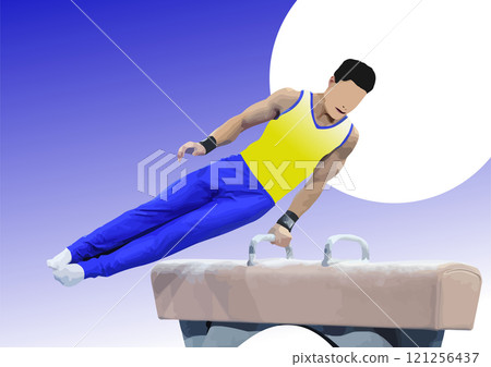 Male gymnast is performing on pommel horse during a competition 121256437
