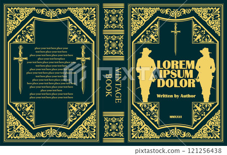 Vintage book cover design featuring two cowboys and floral elements, perfect for a classic western novel 121256438