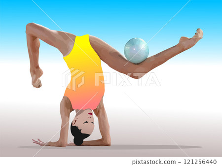 Female gymnast is balancing with a ball while performing a gymnastics routine 121256440