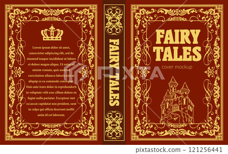 Red and gold fairy tales book cover design featuring a golden ornate frame and a castle Red and gold fairy tales book cover design featuring a golden ornate frame and a castle 121256441
