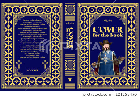 Book cover design template featuring a musketeer holding a sword in front of a blue background with gold ornate borders 121256450