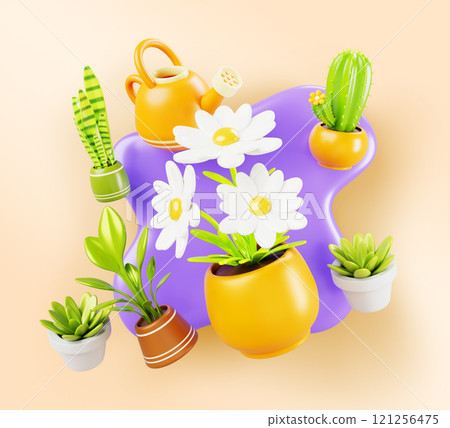 Summer 3d background with flower plants in pots and watering can. Floral banner of chamomile, cactus, trees and flowers in flowerpot for home or office interior. Florist shop poster. 3D illustration Summer 3d background with flower plants in pots and watering can. Floral banner of chamomile, cactus, trees and flowers in flowerpot for home or office interior. Florist shop poster. 3D illustration 121256475