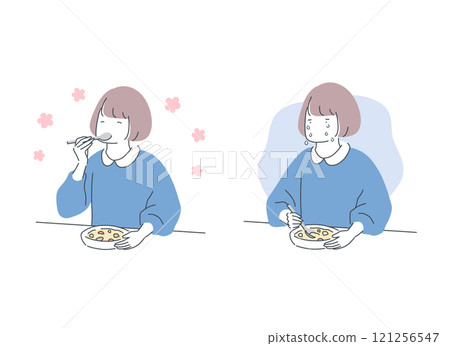Comparison illustration of a woman eating with a smile and a woman eating with tears Comparison illustration of a woman eating with a smile and a woman eating with tears 121256547