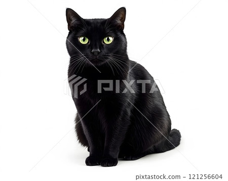 A poised black cat elegantly showcased in stark contrast against a white space for artistic expression. Cat photography concept 121256604