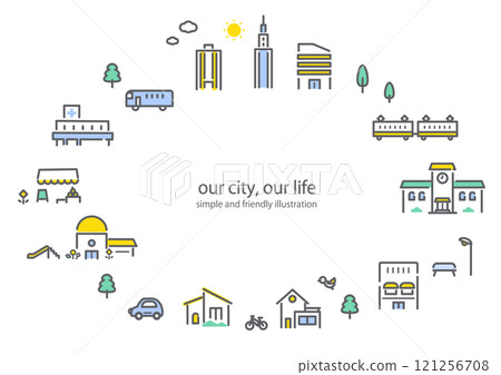 城市景觀圓形框架-簡單時尚的線條畫插圖 121256708