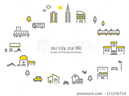 城市景觀圓形框架-簡單時尚的線條畫插圖 121256710