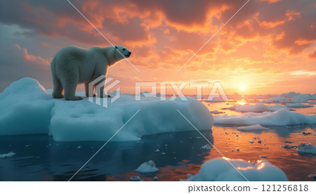Polar bear on melting iceberg during Arctic sunset symbolizing global warming effects.Save the Earth 121256818