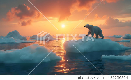 Polar bear on melting iceberg during Arctic sunset symbolizing global warming effects.Save the Earth 121256824