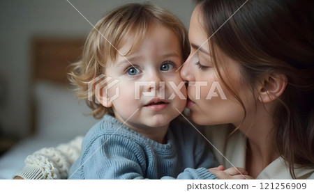 Loving mother tenderly kissing her baby while cuddling together on a cozy bed in a warm and peaceful Loving mother tenderly kissing her baby while cuddling together on a cozy bed in a warm and peaceful 121256909