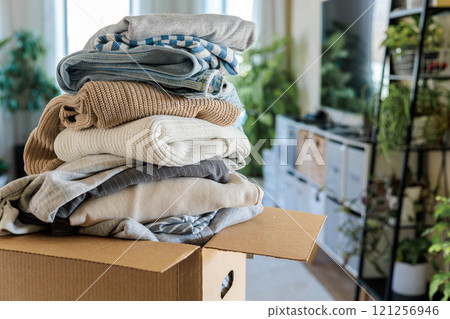 Pile of clothes in cardboard box donating for recycling reusing at living room with houseplant 121256946