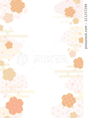 Japanese pattern and cherry blossom frame vector illustration Cute Pink Gold Gold leaf Cherry blossom petals A4 A3 A5 A size 121257294
