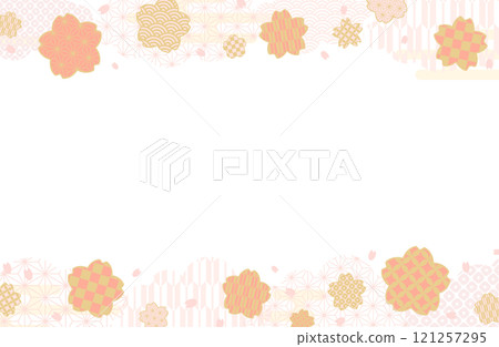 Japanese pattern and cherry blossom frame vector illustration Cute pink gold gold leaf cherry blossom petals yagasuri hemp leaf seigaiha 121257295