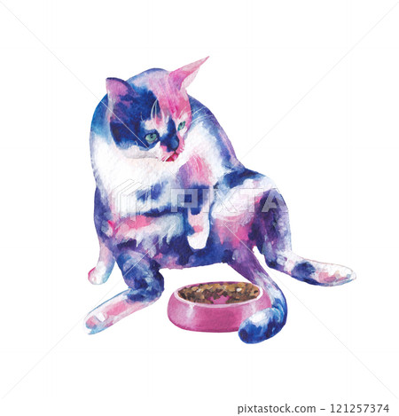 Watercolor cat sitting upright with a silly expression on its face. 121257374