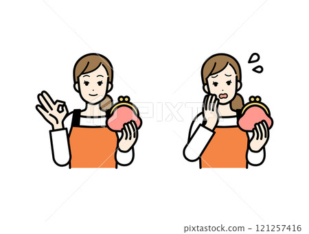 拿著錢包的家庭主婦的插圖集 拿著錢包的家庭主婦的插圖集 121257416