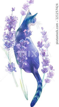 A turquoise and purple watercolor stray cat in lavender flowers 121257424
